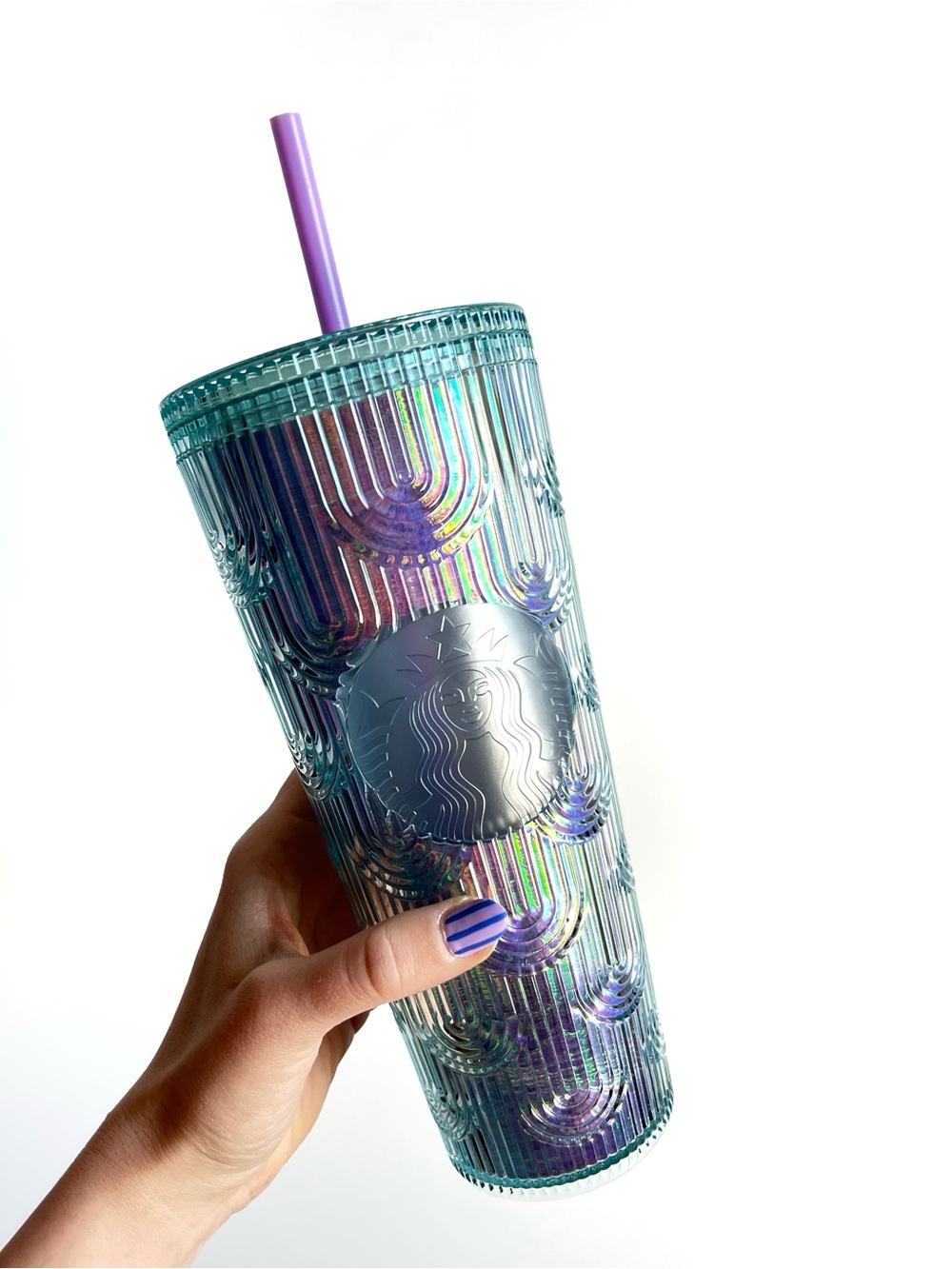 NWT Starbucks 2022 Iridescent Mermaid Scales Cold Cup Tumbler w/ Purple Straw